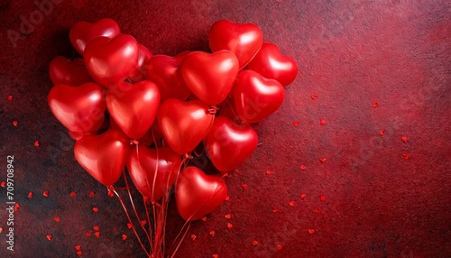 red balloons in the shape of heart red background copy space top view illustration