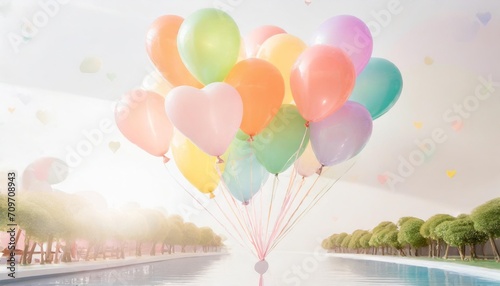 close up of heart sharp balloons flying in ther levitation rainbow palete white lighting pastel background illustration