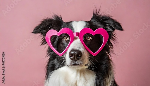 cute border collie dog with pink heart shaped valentine s day glasses in front of pink background illustration © Katherine