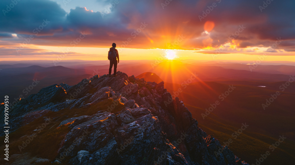 A lone hiker standing on a mountain peak watching the sunset over a vast wilderness.