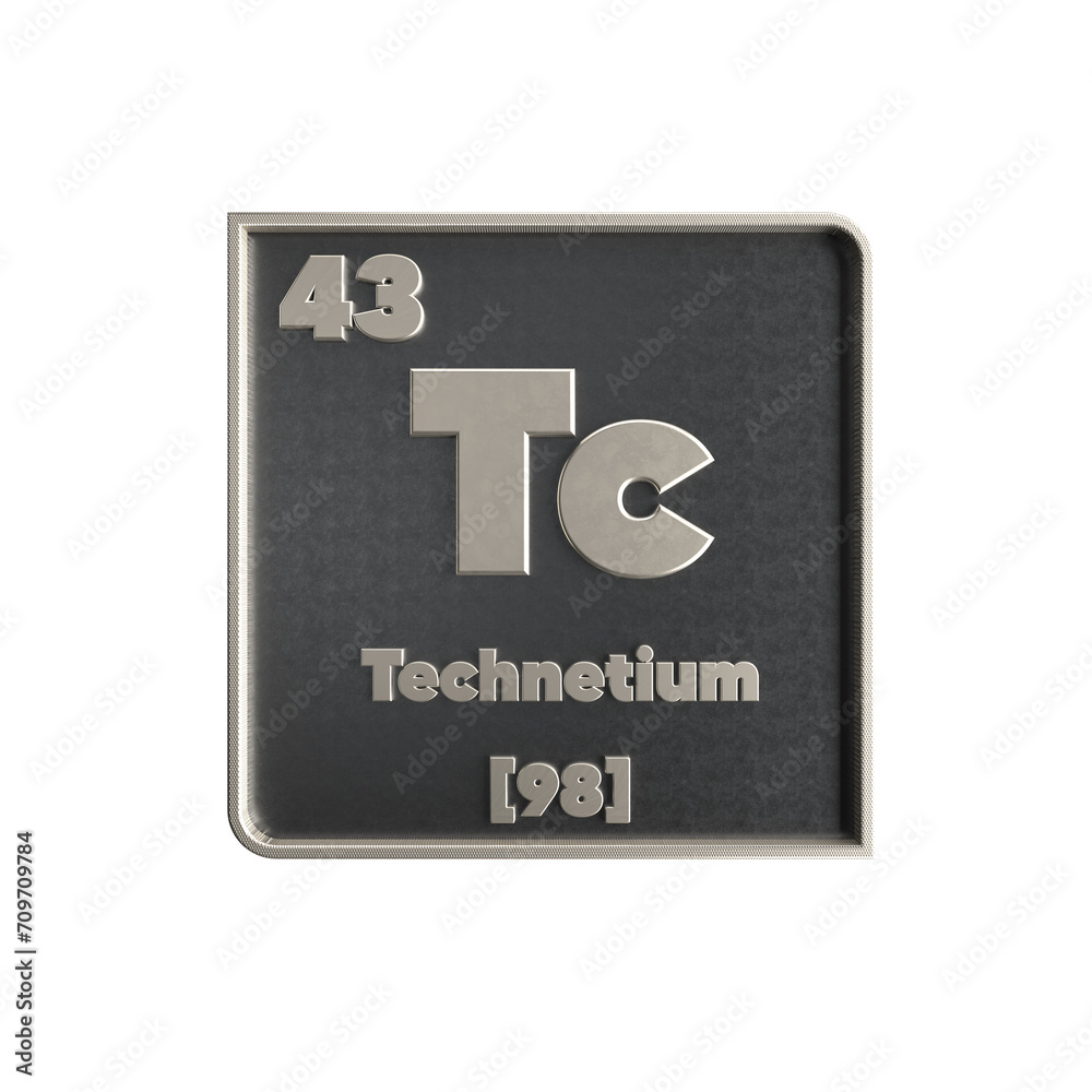Techenetium chemical element black and metal icon with atomic mass and atomic number. 3d render illustration. Techenetium chemical element black and metal icon with atomic mass and atomic number. 3d render illustration.