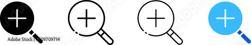 Plus there are icons inside the magnifying glass. Line, magnifying glass with plus inside design. Vector icons