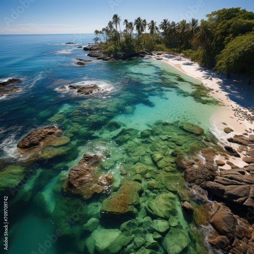 Photo of a scenic aerial view of a tropical beach with crystal-clear water. Generative AI