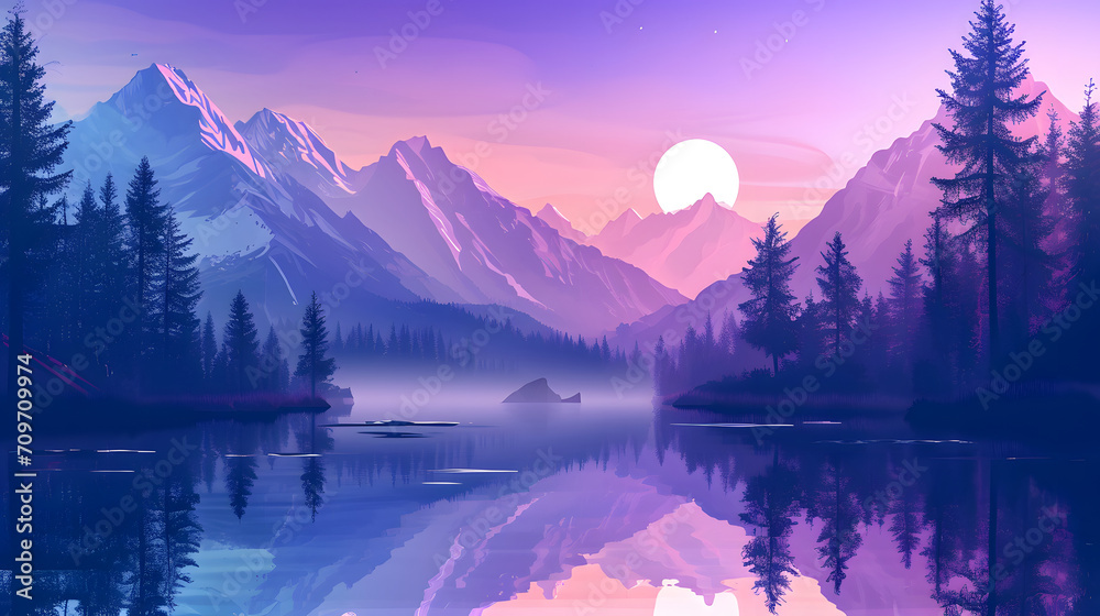 Fototapeta premium Mountains with beautiful lake and trees, vector color and line art illustration, crisp and clean vector line, flat colors, cell shading, smooth gradient, black contour outline, ultra detailed, pastel 