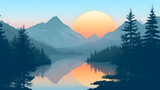 Mountains with beautiful lake and trees, vector color and line art illustration, crisp and clean vector line, flat colors, cell shading, smooth gradient, black contour outline, ultra detailed, pastel