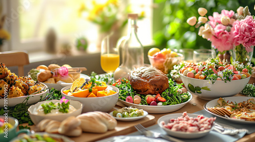 A homemade Easter brunch spread featuring traditional dishes and spring-themed decorations.