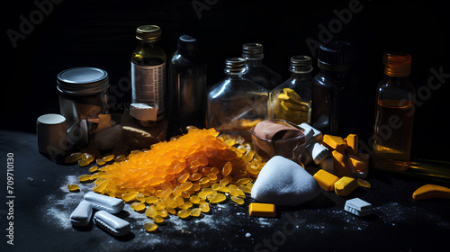 Variety group of drugs on the black floor