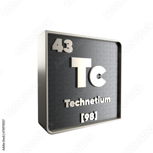 Techenetium chemical element black and metal icon with atomic mass and atomic number. 3d render illustration.