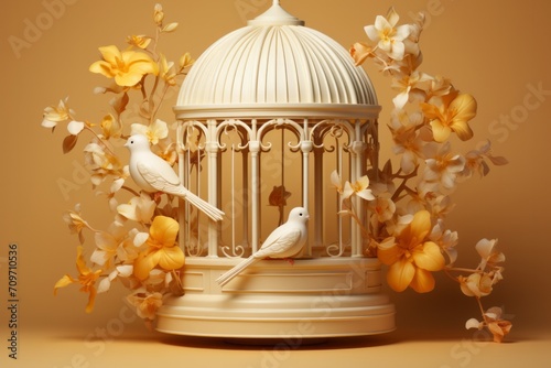 Victorian Inspired White Parrot Cage, on an isolated Butter Yellow background, Generative AI © Box Milk