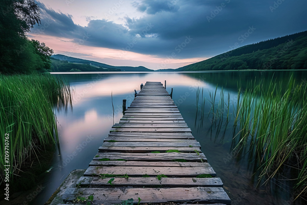 Long exposure photo of a boardwalk at a beautiful lake, serene atmosphere