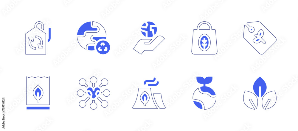 Ecology icon set. Duotone style line stroke and bold. Vector illustration. Containing eco bag, growth, eco packaging, ecology, eco factory, eco tag, eco friendly, recycle, connect.