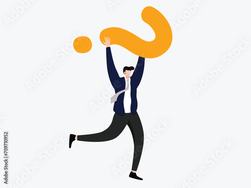 carrying Questions without answers or solutions, critical business problems, doubtful or stressful burden concept, frustrated businessman trying to carry the burden of a big yellow question mark.