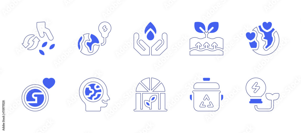 Ecology icon set. Duotone style line stroke and bold. Vector illustration. Containing planting, love, save water, world environment day, green energy, greenhouse, energy, geothermal energy.