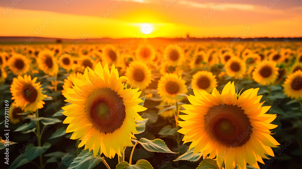  a field of sunflowers bathed in the golden light of a setting sun, creating a vibrant and cheerful HD view of nature's beauty during the summer months