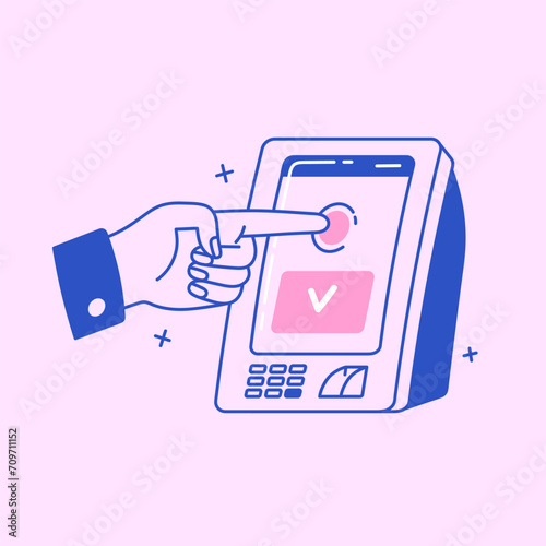People perform cashless finance operations with cash machine. Person presses on screen, withdraws money from card, bank account with ATM. Success payment. Flat isolated lineart vector illustration