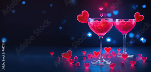 Two cocktails in glass glasses stand on a dark background with hearts