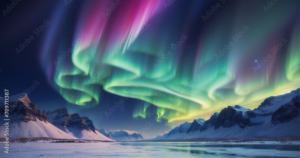 A captivating display of the Northern Lights dancing over a snowy landscape, with vibrant streaks of colors illuminating the starry night sky - Generative AI