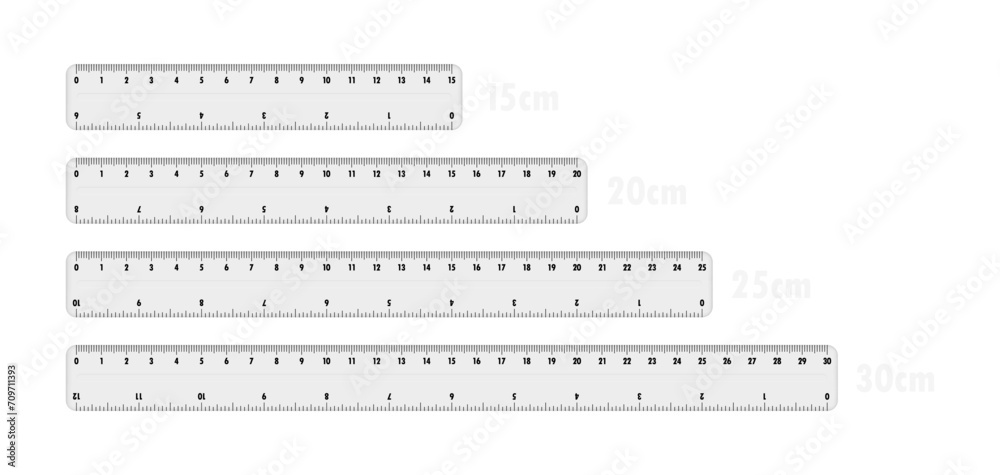 Set of plastic gray rulers 15, 20, 25 and 30 centimeters. Measuring tool for work and learning. Ruler with double side measuring inches and centimeters. Vector illustration - obrazy, fototapety, plakaty 