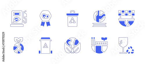 Ecology icon set. Duotone style line stroke and bold. Vector illustration. Containing biofuel, recycle bin, globe, earth, insignia, mother earth day, recycling bin, glass, environmentally responsible 