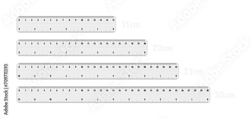 Set of plastic gray rulers 15, 20, 25 and 30 centimeters. Measuring tool for work and learning. Ruler with double side measuring inches and centimeters. Vector illustration photo