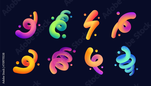 Set of abstract fluid curve in different shape. Gradient blend line. Creative design elements for cover, mockup, banner, poster and background. Vector illustration