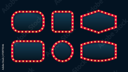 Set different shape retro bulb frame. Lightbox billboard with empty place for text isolated on dark background. Banner space for advertisement, promotion and text. Vector illustration
