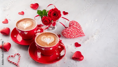 red valentine coffee latte cups with heart decorations illustration