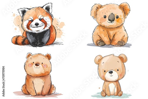  watercolor cartoon illustration collection set, cute baby animals, isolated on white background, idea for sticker and junk journal clipart, bear, koala, fox, Generative Ai © QuietWord
