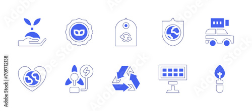 Ecology icon set. Duotone style line stroke and bold. Vector illustration. Containing bio, windmill, electric car, tag, leaf, recycle, sprout, earth day, shield, solar panel.