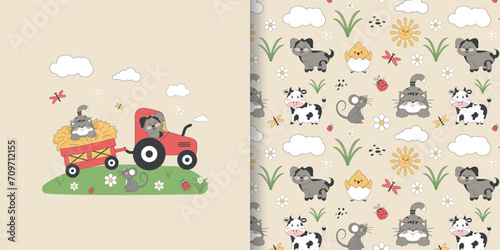A children's drawing with a tractor and cute pets. Seamless background, cute vector texture for baby bedding, fabric, wallpaper, wrapping paper, textiles and more