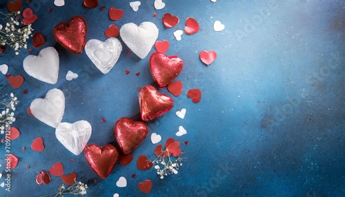 valentine s day holiday frame made of red and white hearts on blue background romantic greeting card mockup love concept illustration