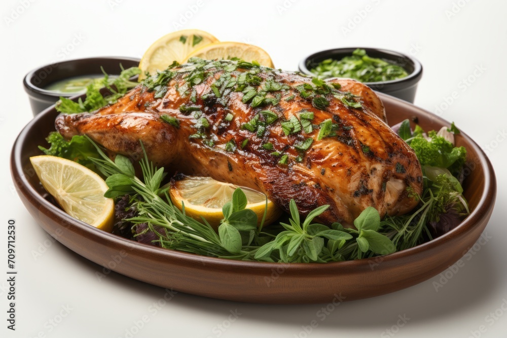 3D Render of Crispy Herb-infused Roasted Chicken, on an isolated White background, Generative AI 3D Render of Crispy Herb-infused Roasted Chicken, on an isolated White background, Generative AI