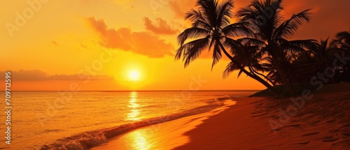 A Vibrant Orange Sunset Illuminates Palm Trees On A Tropical Beach. Сoncept Sandy Toes, Beachy Vibes, Tropical Bliss, Sunset Magic, Palm Tree Paradise