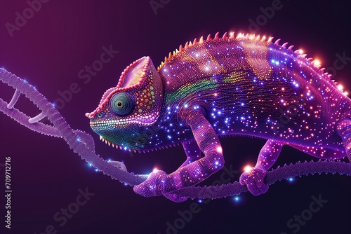 Abstract Chameleon Dna Molecules On A Purple Background. Сoncept Abstract Art, Chameleon, Dna Molecules, Purple Background photo