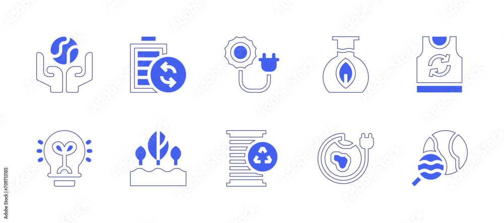 Ecology icon set. Duotone style line stroke and bold. Vector illustration. Containing earth, light bulb, test tube, charge, metal, solar energy, clothes, search, reusable, sprout.