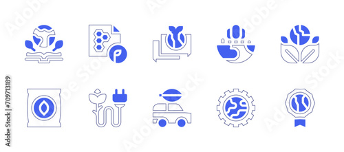 Ecology icon set. Duotone style line stroke and bold. Vector illustration. Containing beewax paper  green energy  save  chat  reward  electric car  fertilizer  book  ecosystem  gear.