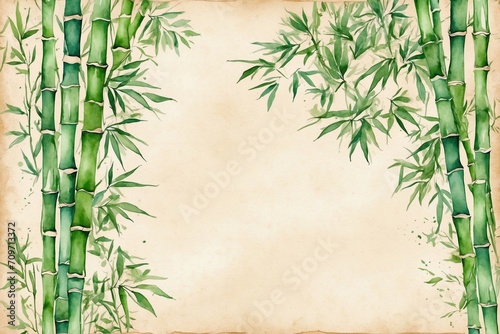 watercolor green bamboo framework on aged parchment with floral elements  note paper  designs for invitations  cards  greetings  and celebrations