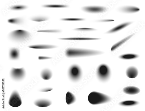 Round long and short shadow effect, isolated realistic shade from circular objects at different angles and sides. Vector soft shadowing overlay on surface, blurred black contour of shape
