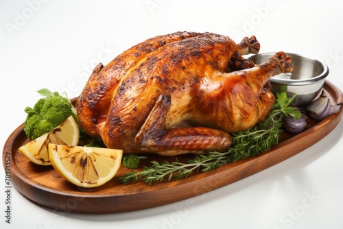 3D Render of Golden Brown Roast Chicken, on an isolated  White background, Generative AI