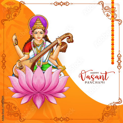 Happy Vasant Panchami religious festival with goddess Saraswati illustration
