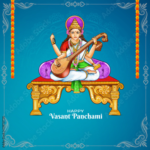 Happy Vasant Panchami religious festival with goddess Saraswati illustration