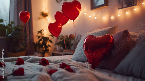 Valentine's Day Bedroom with Heart Balloons and Roses
