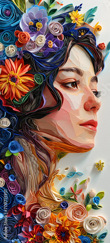 Blossoming Beauty: Artwork Featuring the Face of a Beautiful Woman Adorned with Floral Facets - Generative AI