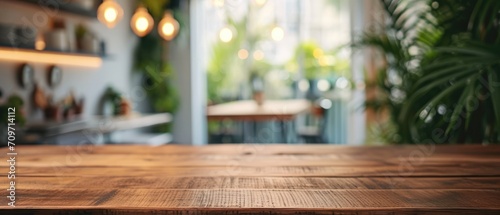 Blurred Table With A Stylish Interior Design In The Background. Сoncept Floral Arrangements, Minimalist Decor, Elegant Lighting, Artwork Displays © Ян Заболотний
