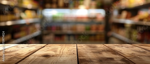 Empty Wooden Tabletop On A Shelf With Blurred Supermarket Backdrop. Сoncept Minimalist Interior Design, Urban Photography, Contrast Of Elements, Everyday Life, Visual Storytelling