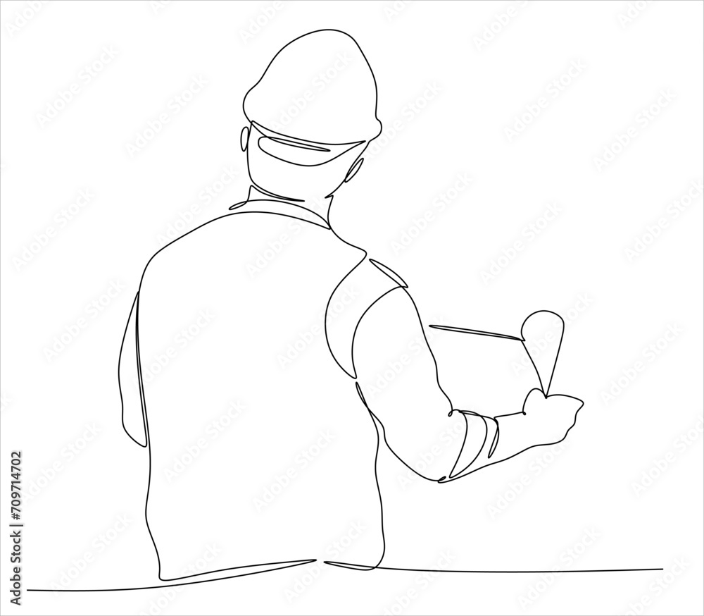 One continuous line drawing of young architect holding roll papers of draft sketch blueprint design. Building architecture business concept. Single line draw design vector graphic illustration One continuous line drawing of young architect holding roll papers of draft sketch blueprint design. Building architecture business concept. Single line draw design vector graphic illustration