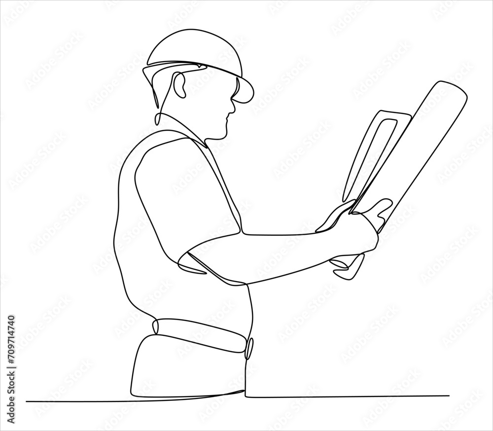 One continuous line drawing of young architect holding roll papers of draft sketch blueprint design. Building architecture business concept. Single line draw design vector graphic illustration