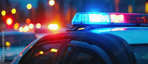 Closeup Of A Flashing Police Siren On A Patrol Car. Сoncept Police Sirens, Patrol Cars, Flashing Lights, Closeup Photography photo