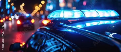 A Detailed View Of A Flashing Police Siren On A Patrol Car. Сoncept Macro Photography, Police Car Accessories, Emergency Lights, Law Enforcement Equipment photo