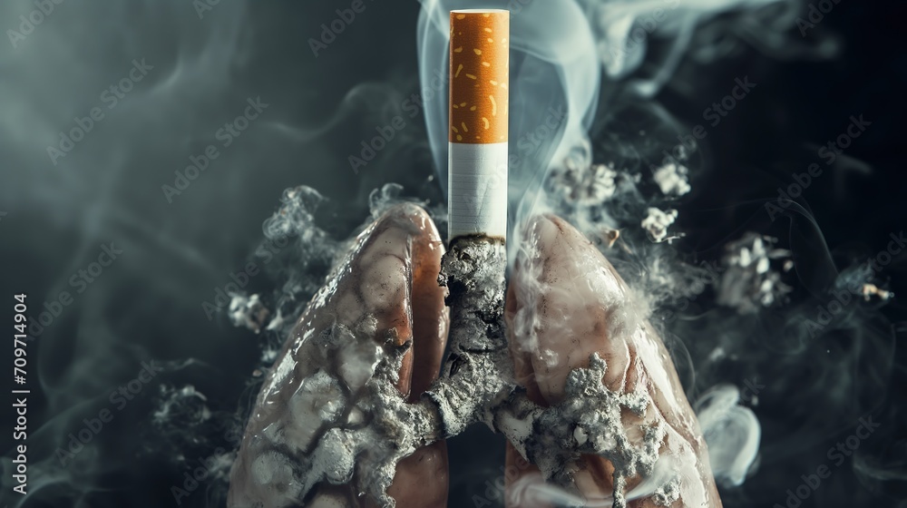 smoking , human lung turning into ash and dark tar with cigarette smoke